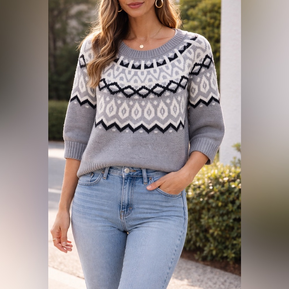 Design History Gray, White & Black Nordic Yoke Crewneck Sweater